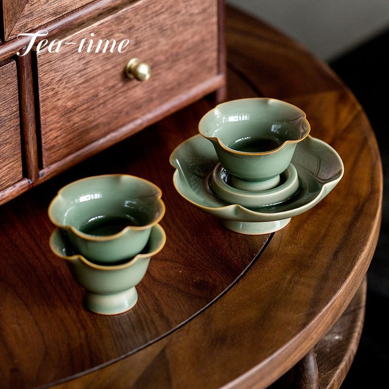 50 ml Boutique Yue Kiln Celadon ceașcă de ceai cu gura de floarea-soarelui cu farfurie Set ceramică Master Cup Chazhan personalizați cadou de ceai