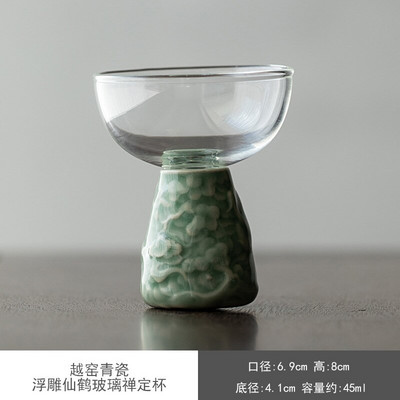 Kreatív Yue Kiln Celadon Relief Tea csésze Háztartási teáscsésze Magas boroszilikát üveg borospohár Kung Fu teáscsésze High Foot Master Cup