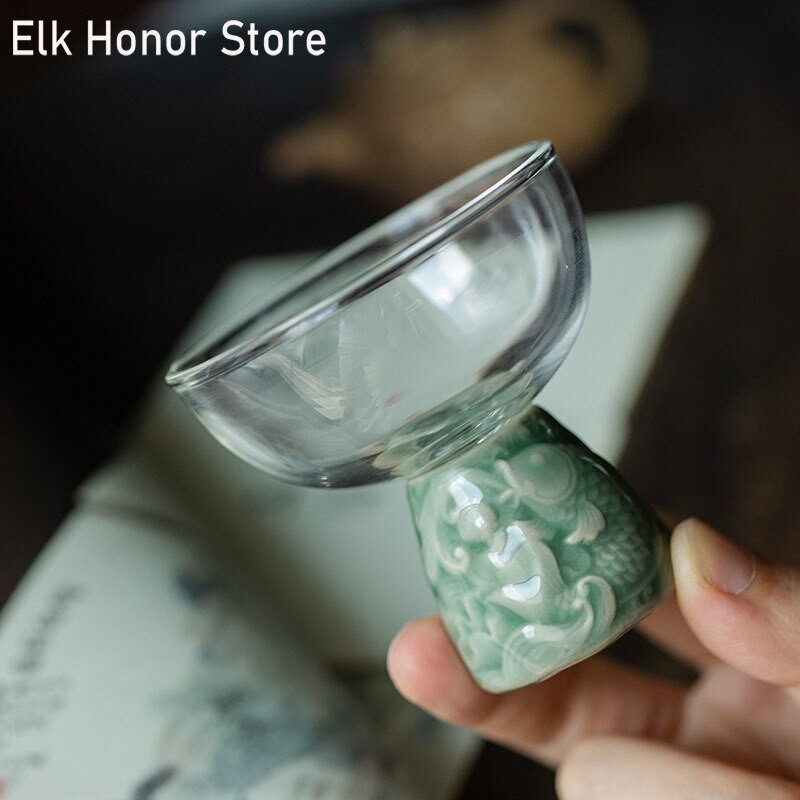 Kreatív Yue Kiln Celadon Relief Tea csésze Háztartási teáscsésze Magas boroszilikát üveg borospohár Kung Fu teáscsésze High Foot Master Cup