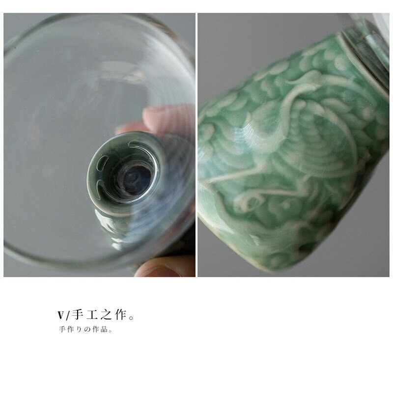 Kreatív Yue Kiln Celadon Relief Tea csésze Háztartási teáscsésze Magas boroszilikát üveg borospohár Kung Fu teáscsésze High Foot Master Cup