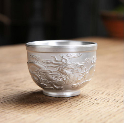 Cupă cu apă din argint Artizanat de lux Cești de ceai cu dragon Phoenix încrustate cu ceașcă de ceai din argint Lucrări de artă Vase pentru acasă E11610