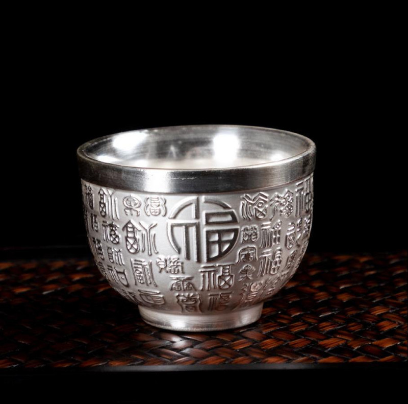 Sidabrinis vandens puodelis Prabangūs meistriškumo dirbiniai „Dragon Phoenix“ arbatos puodeliai, inkrustuoti sidabro arbatos puodelio meno kūriniais namų gėrimams E11610