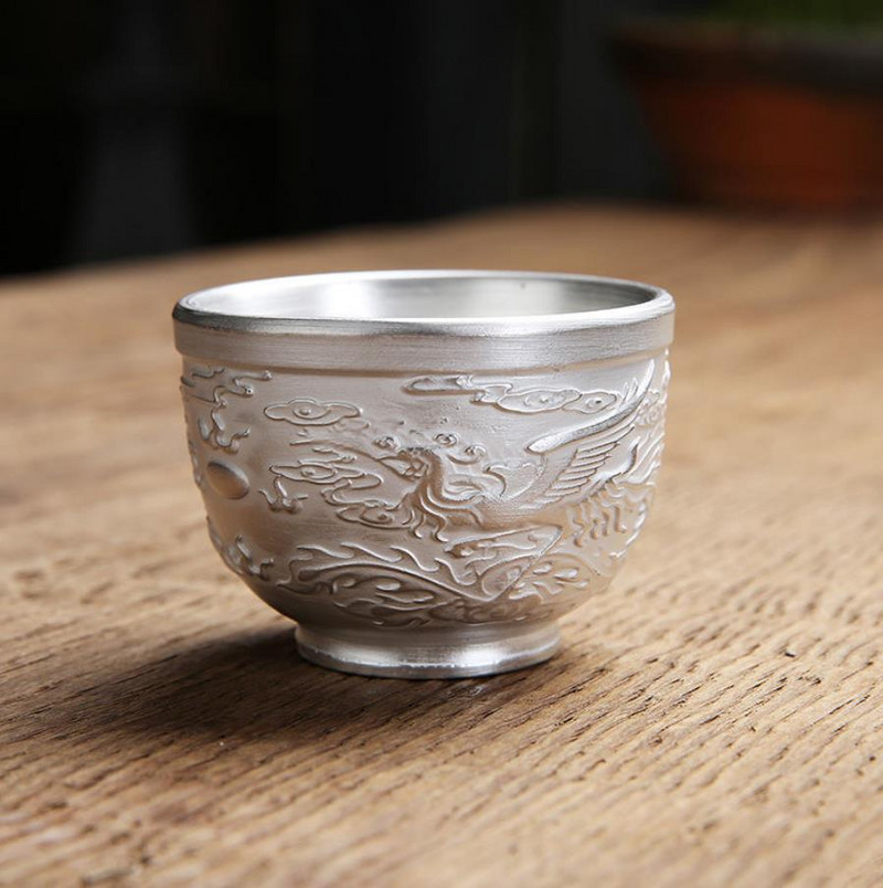 Sidabrinis vandens puodelis Prabangūs meistriškumo dirbiniai „Dragon Phoenix“ arbatos puodeliai, inkrustuoti sidabro arbatos puodelio meno kūriniais namų gėrimams E11610