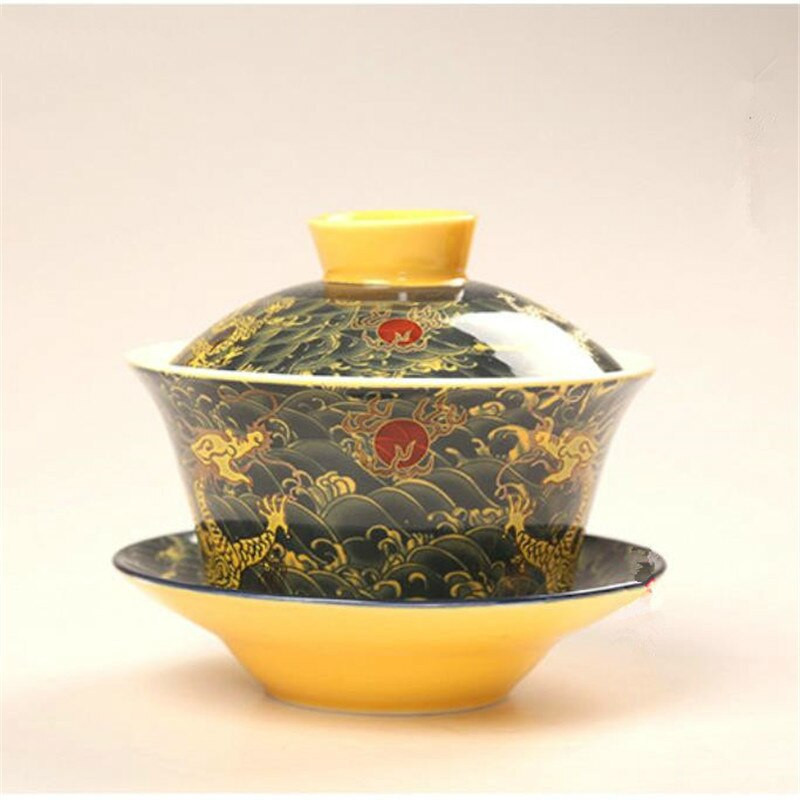 Chinezesc pictat manual Joint Bule Tradition Gaiwan Joc de ceai Boluri cu portrete de dragon acoperite Boluri de ceai Kung Fu