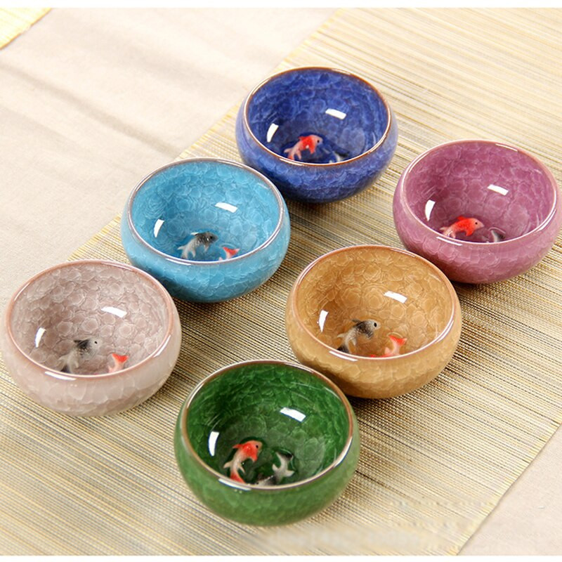 Újdonság 3D kerámia dupla Fish China tea nagy csésze, Crackle Glaze utazási teástál Kung Fu teáscsésze készlet Kínai porcelán teáscsésze készletek