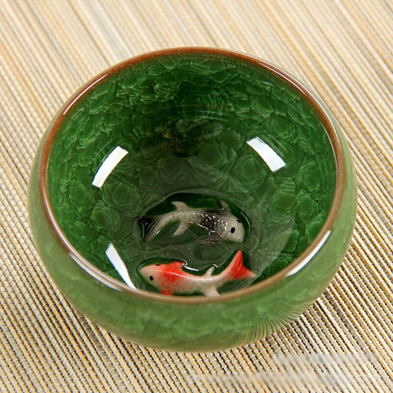 Újdonság 3D kerámia dupla Fish China tea nagy csésze, Crackle Glaze utazási teástál Kung Fu teáscsésze készlet Kínai porcelán teáscsésze készletek