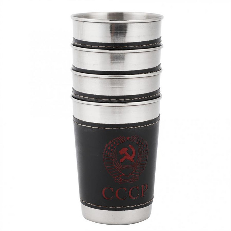4Pcs 170ml Mini Cups Šalice od nehrđajućeg čelika koje se mogu slagati jedna na drugu, prijenosne šalice za vino, pivo, kavu, šalice za kampiranje na otvorenom, s kožnim omotom