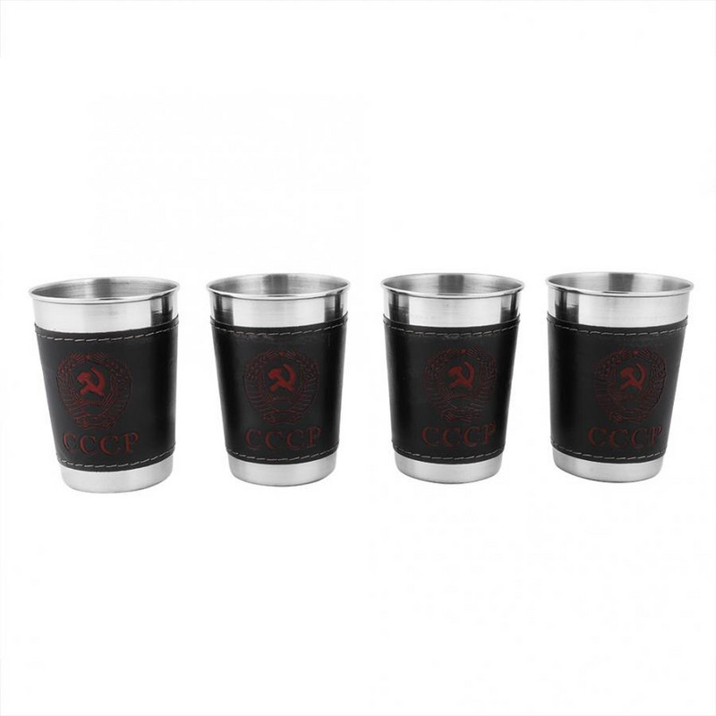 4Pcs 170ml Mini Cups Šalice od nehrđajućeg čelika koje se mogu slagati jedna na drugu, prijenosne šalice za vino, pivo, kavu, šalice za kampiranje na otvorenom, s kožnim omotom