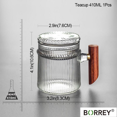 BORREY Ceai de ceai din sticla termorezistenta cu maner din lemn Filtru dungi verticale ceainic Puer ceainic cu flori Set de ceai cafea ceainic