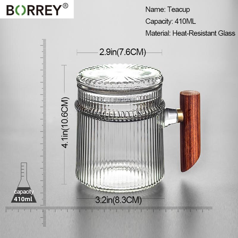 BORREY Ceai de ceai din sticla termorezistenta cu maner din lemn Filtru dungi verticale ceainic Puer ceainic cu flori Set de ceai cafea ceainic