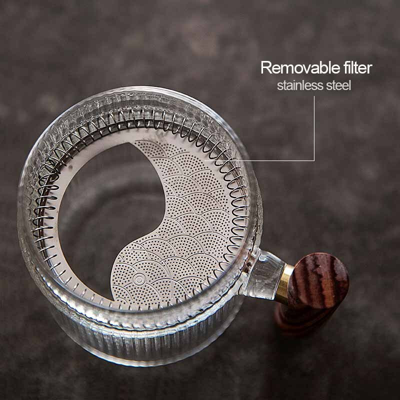 BORREY Ceai de ceai din sticla termorezistenta cu maner din lemn Filtru dungi verticale ceainic Puer ceainic cu flori Set de ceai cafea ceainic