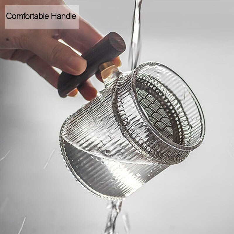 BORREY Ceai de ceai din sticla termorezistenta cu maner din lemn Filtru dungi verticale ceainic Puer ceainic cu flori Set de ceai cafea ceainic