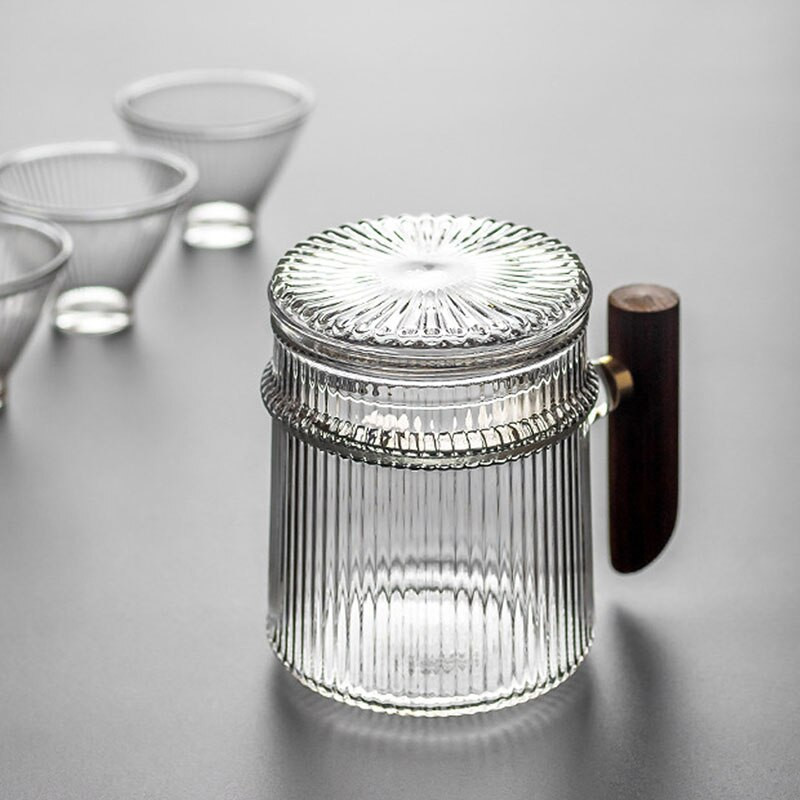 BORREY Ceai de ceai din sticla termorezistenta cu maner din lemn Filtru dungi verticale ceainic Puer ceainic cu flori Set de ceai cafea ceainic