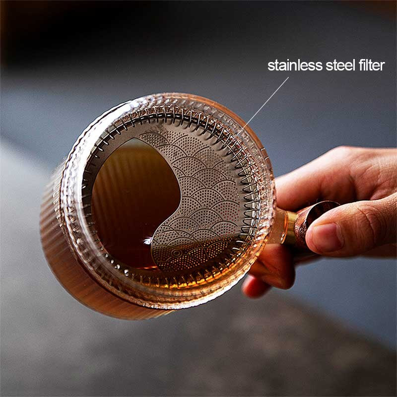 BORREY Ceai de ceai din sticla termorezistenta cu maner din lemn Filtru dungi verticale ceainic Puer ceainic cu flori Set de ceai cafea ceainic