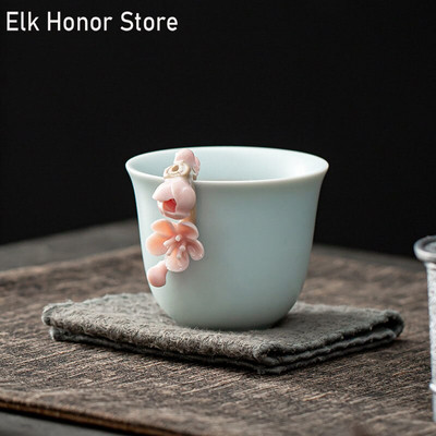 80ml Boutique Azure Ru Kiln Celadon Sample Tea Cup Handmade Knead Pink Plum Blossom Ceramic Smelling Cup Τελετή τσαγιού Kung Fu