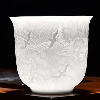 Vintage balta porcelāna tējas tase ķīniešu grebšana, grebta keramikas tējas krūzes bļoda Kung Fu Da Hong Pao Oolong tējas trauku komplekts 160 ml 220 ml