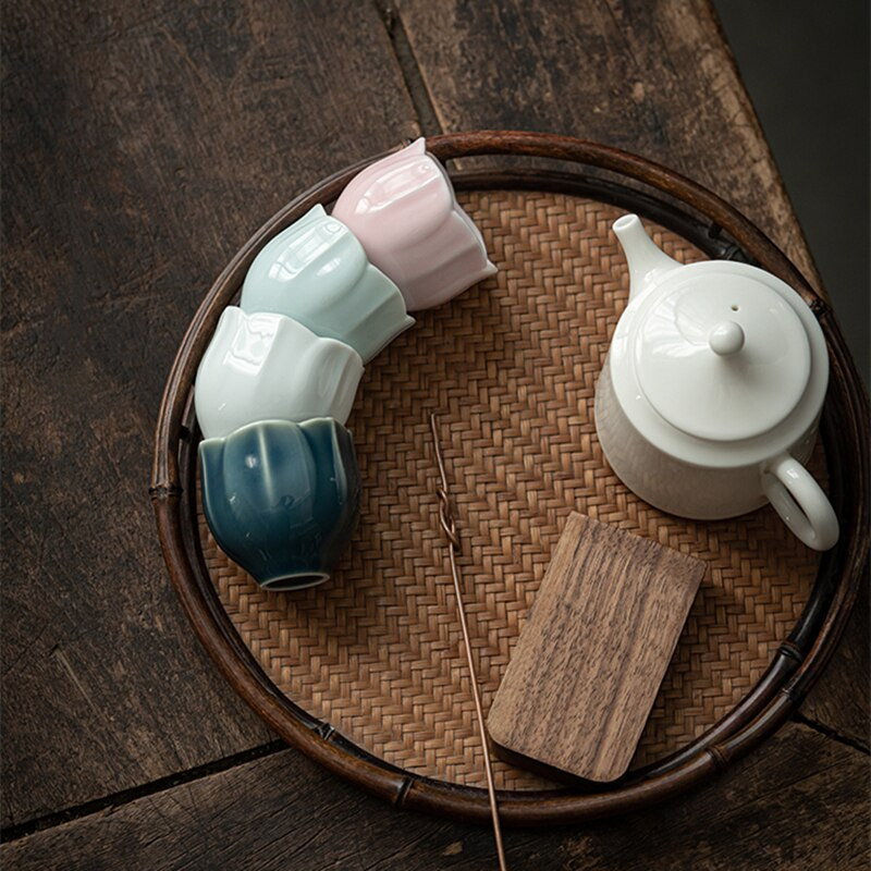 Set de ceai cu flori de lotus, cești, set frumos de ceaiuri, căni chinezești pentru ceremonia ceaiului, ceai, serviciu de ceai, butoi