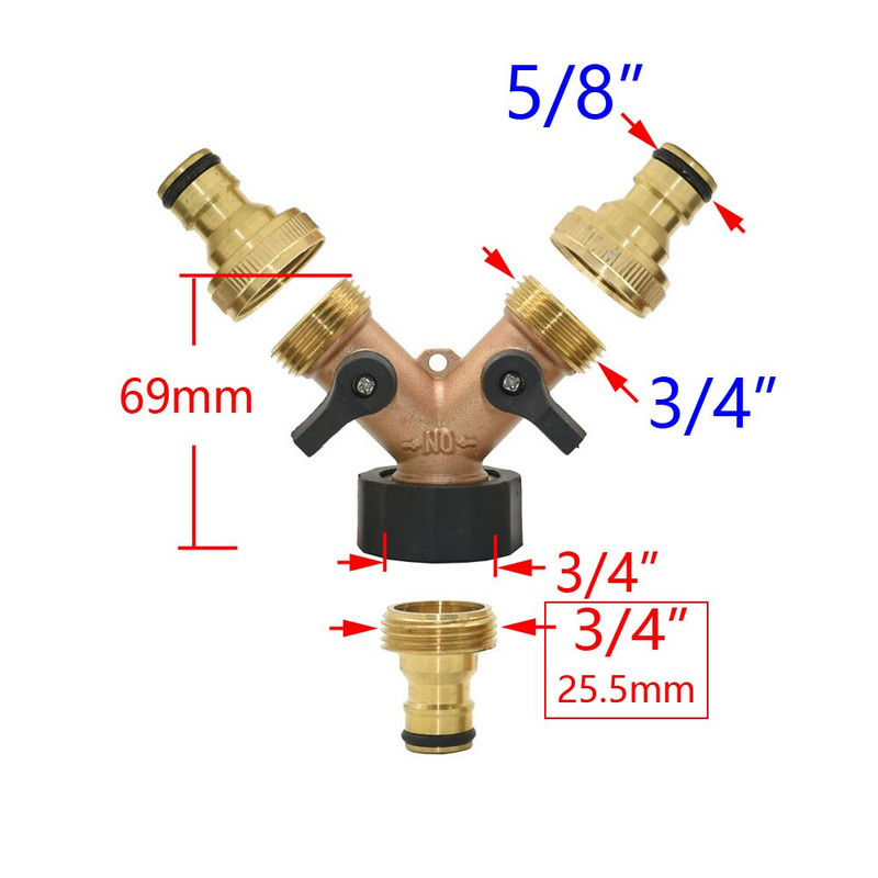 Robinet de grădină din alamă cu 2 căi Femeie 3/4 Y Supapă de irigare Despărțitor de apă Conector rapid Despărțitor de furtun de grădină 1 set