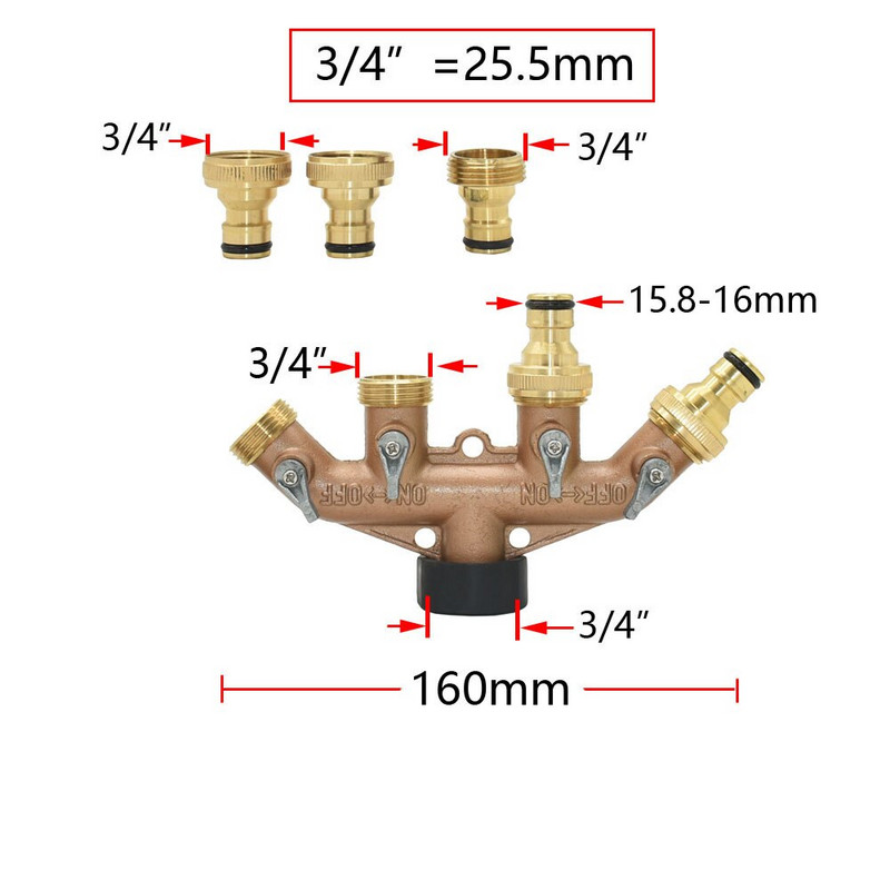 Sárgaréz 3/4 menetes 4 utas kerti csapvízelosztó vízcső 4 utas elosztó anya 3/4 öntözőszelep 1db