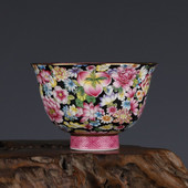 Qing Enamel Black Ground Blossoms Longevity Peach Pattern Master Cup Jingdezhen Antik Tea Cup