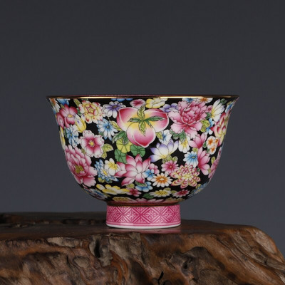 Qing Enamel Black Ground Blossoms Longevity Peach Pattern Master Cup Jingdezhen Antique Tea Cup