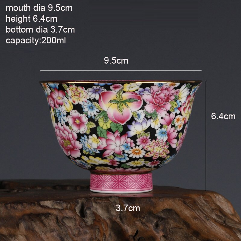Qing Enamel Black Ground Blossoms Longevity Peach Pattern Master Cup Jingdezhen Antik Tea Cup