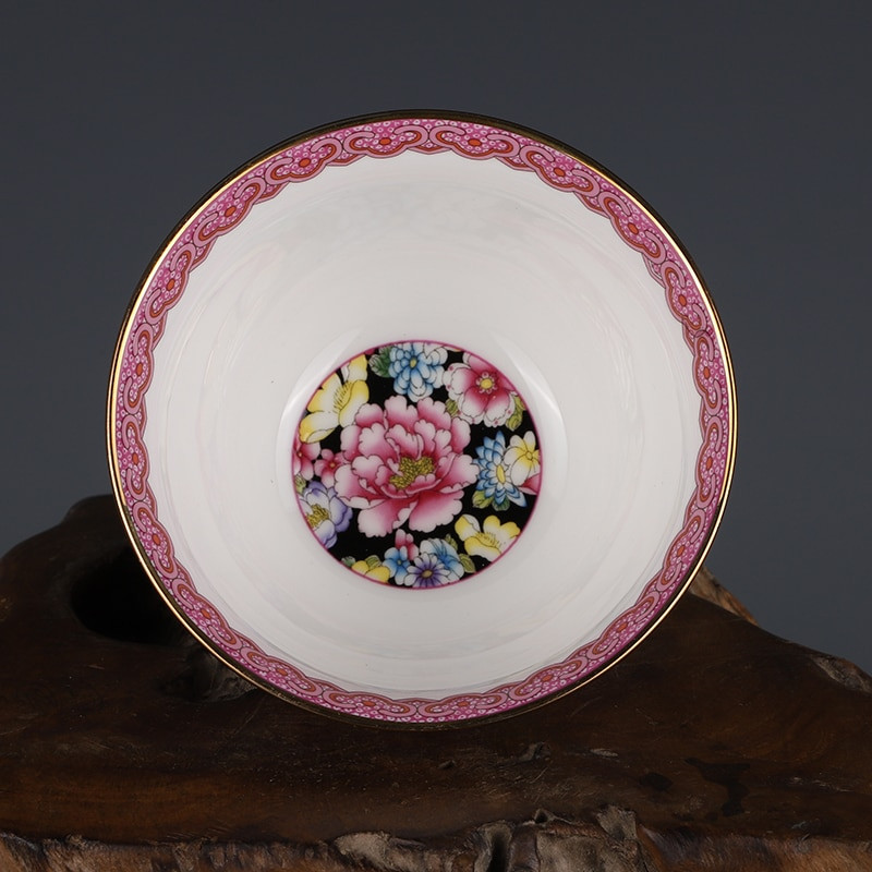 Qing Enamel Black Ground Blossoms Longevity Peach Pattern Master Cup Jingdezhen Antik Tea Cup