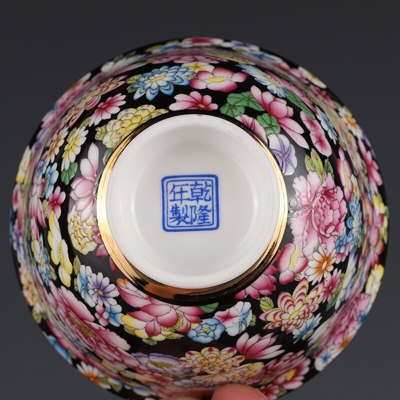 Qing Enamel Black Ground Blossoms Longevity Peach Pattern Master Cup Jingdezhen Antik Tea Cup
