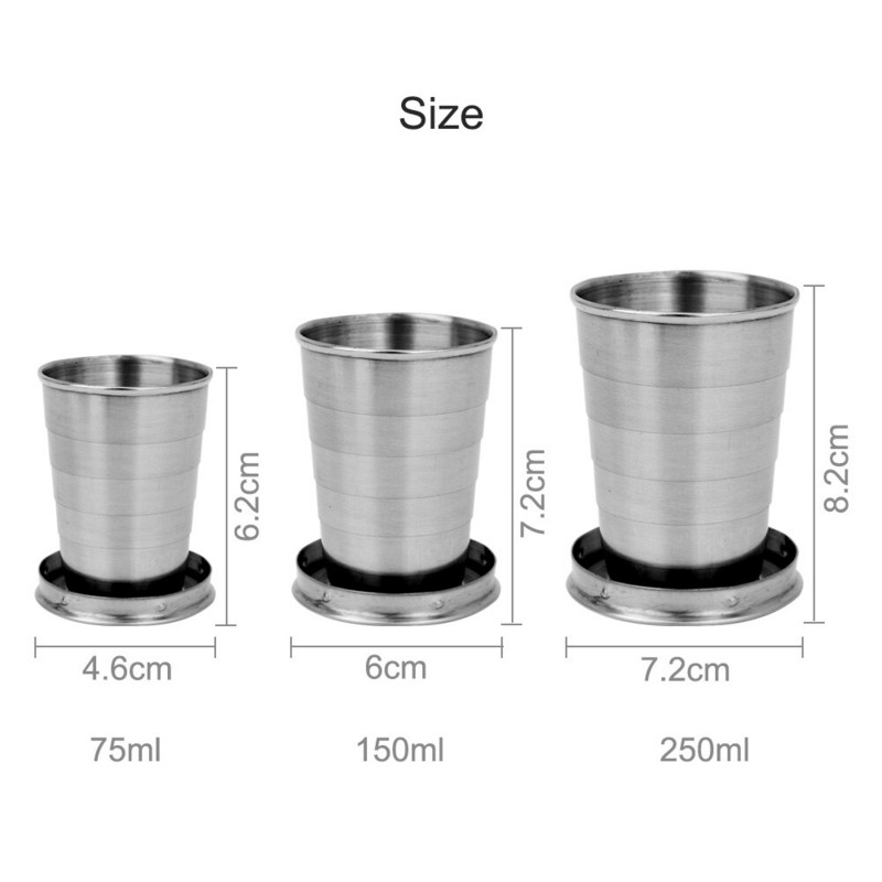 Hordozható rozsdamentes acél összecsukható csésze 75ml/150ml/250ml Kültéri utazáshoz összecsukható teleszkópos túra kemping