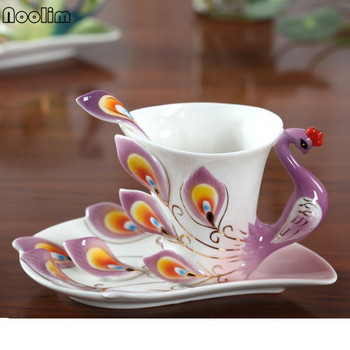 Творчески костен Китай 3D цветен емайл Чаша за кафе с чинийка и комплект лъжици Керамични следобедни чаши Порцелан Drinwkare