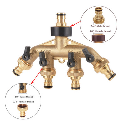 Alamă 3/4" Filet 4 căi Împărțitor de apă de la robinet de grădină Țeavă de apă Despărțitor de 4 căi Femeie 3/4" Supapă de irigare pentru grădină Conector rapid