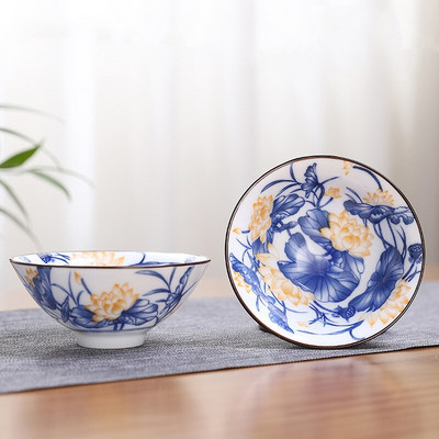 2db kínai kék-fehér porcelán kúpos teáscsésze, kézzel festett kerámia teástál utazási hordozható teáskészlet Kellékek teáscsésze 70 ml
