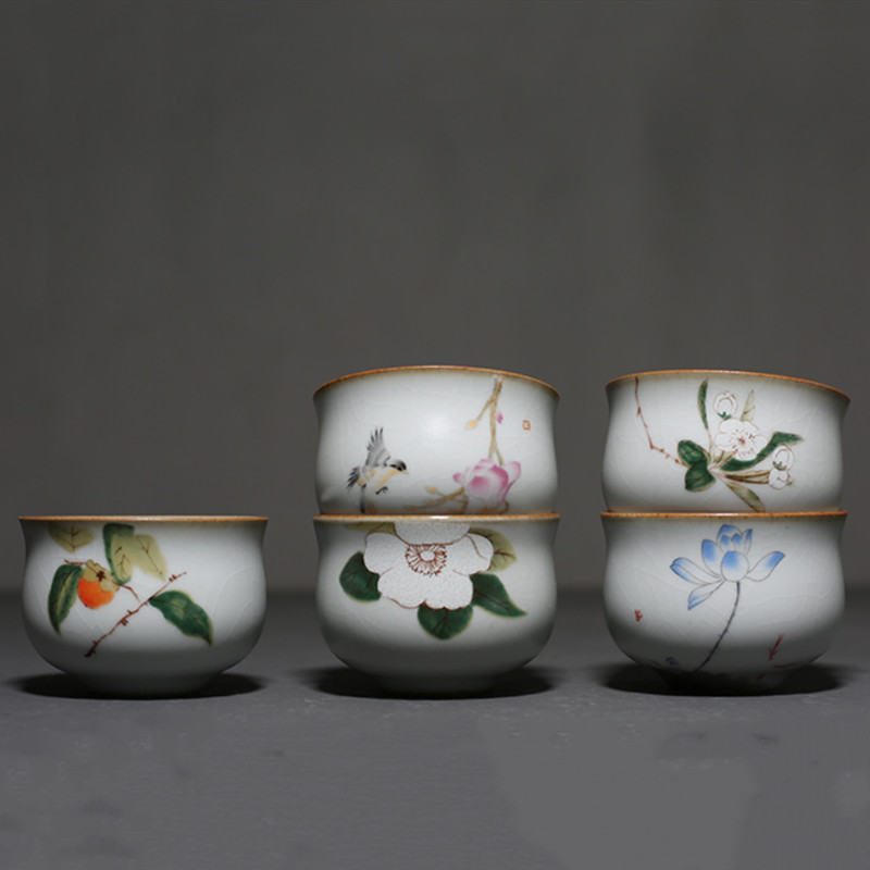 Cuptor Ru Retro, ceașcă de ceai din ceramică, ceașcă de meditație portabilă de călătorie, bol de ceai cu flori pictate manual, ceașcă principală, accesorii pentru set de ceai lucrat manual