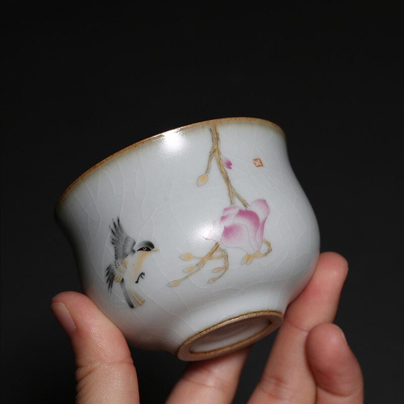 Cuptor Ru Retro, ceașcă de ceai din ceramică, ceașcă de meditație portabilă de călătorie, bol de ceai cu flori pictate manual, ceașcă principală, accesorii pentru set de ceai lucrat manual