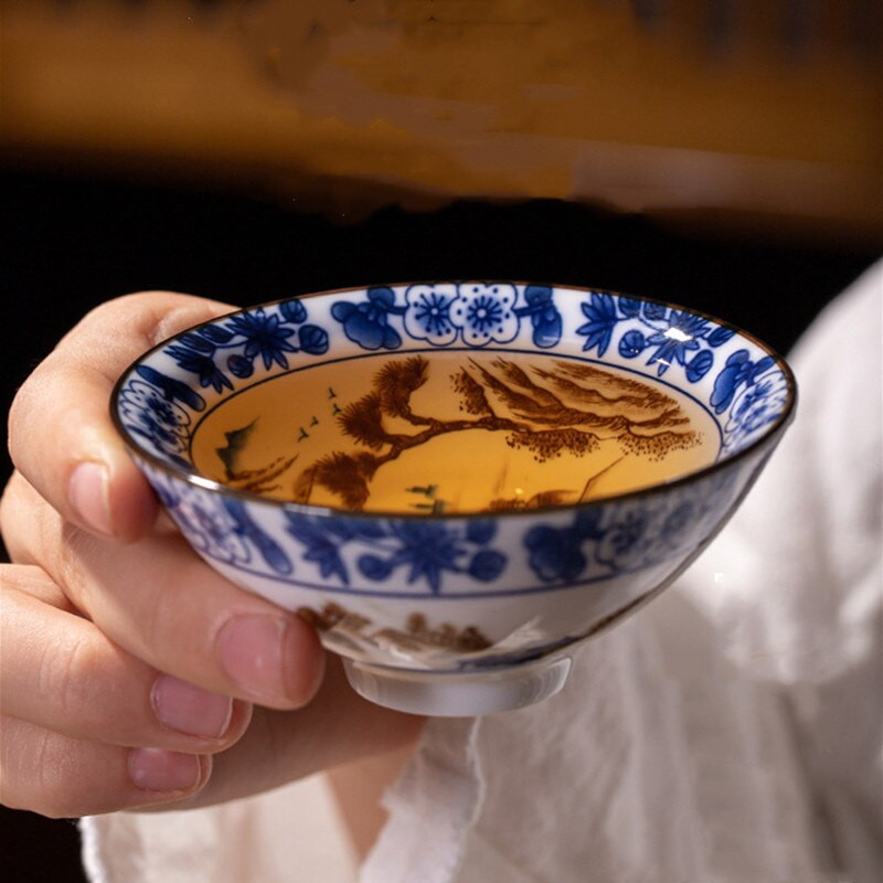 6 db/tétel Kézzel festett kék-fehér porcelán teáscsésze kínai butik kerámia teástál utazási hordozható teáscsésze otthoni teáskészlet