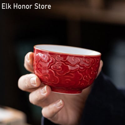 90ml Retro ανάγλυφο Auspicious Clouds Art Ceramic Tea Cup Household Large Personal Single Master Cup Tea Making Kung Fu Teaware