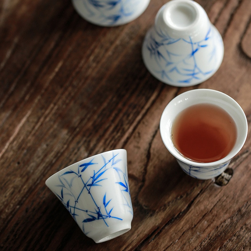3 db Jingdezhen kézzel festett bambusz kerámia teáscsészék fehér jade porcelán mestercsészék Kung fu tea személyes bögrék Háztartási teaset