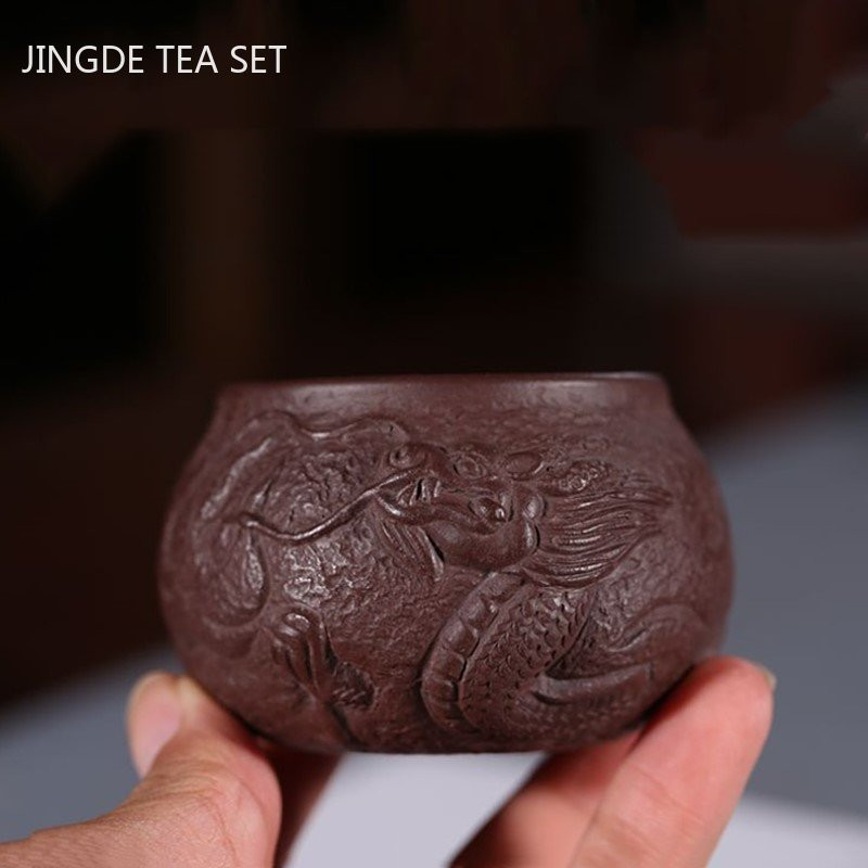 2db Sárkány mintás lila agyag teáscsésze Boutique Kézzel festett teástál Hagyományos teáskészlet Kiegészítők Háztartási személyes teáscsésze