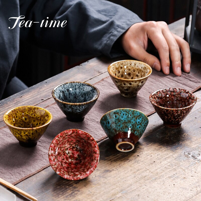 Ceașcă de ceai din ceramică pentru schimbarea cuptorului, 60 ml, glazură Temmoku, porțelan multicolor, cești de kung fu, ceramică, ceașcă maestru japonez, veselă pentru băuturi