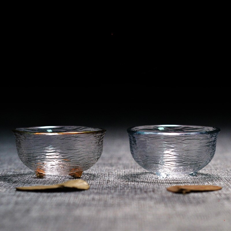 Arany üveg teástál csésze Glod kerettel japán stílusú Hand Hammer Kung Fu tartozékok Zöld Puer teáscsészék teáskészlet