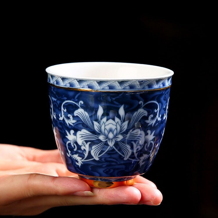 140 ml-es kék-fehér porcelán teáscsésze kínai Jingdezhen kis teástál aranysávos kerámia teáscsésze kávés boros bögre Italkészlet