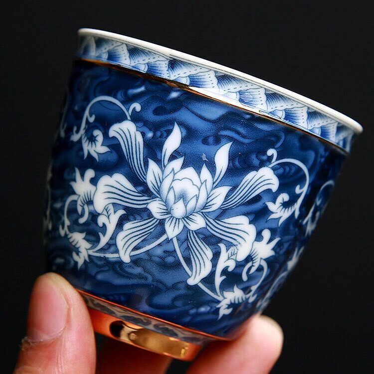 140 ml-es kék-fehér porcelán teáscsésze kínai Jingdezhen kis teástál aranysávos kerámia teáscsésze kávés boros bögre Italkészlet