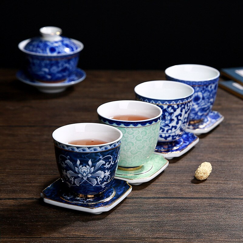 140 ml-es kék-fehér porcelán teáscsésze kínai Jingdezhen kis teástál aranysávos kerámia teáscsésze kávés boros bögre Italkészlet