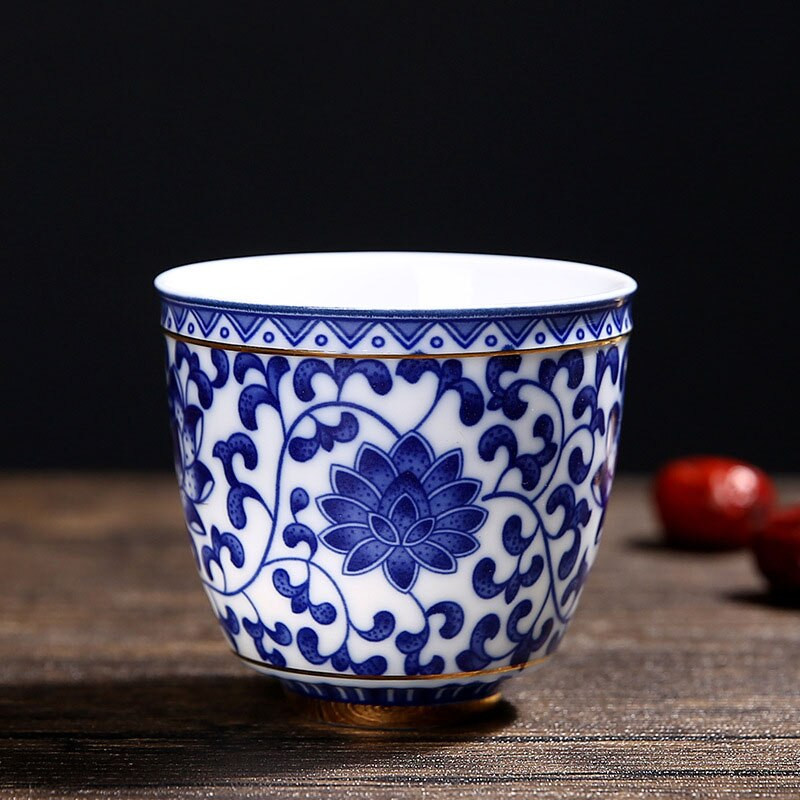 140 ml-es kék-fehér porcelán teáscsésze kínai Jingdezhen kis teástál aranysávos kerámia teáscsésze kávés boros bögre Italkészlet