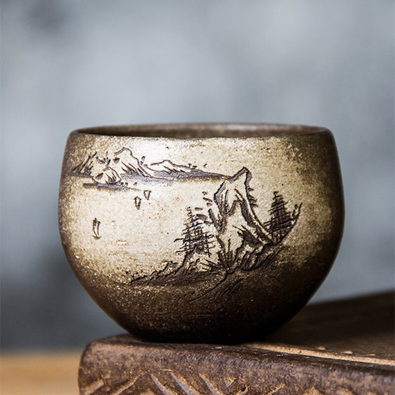 3 Stílus / tétel Kézi Gravírozás Kerámia Japán bor Víz csésze Tea csésze készlet Teásszertartás Teaceremónia Kávésbögrék Kínai teáscsésze