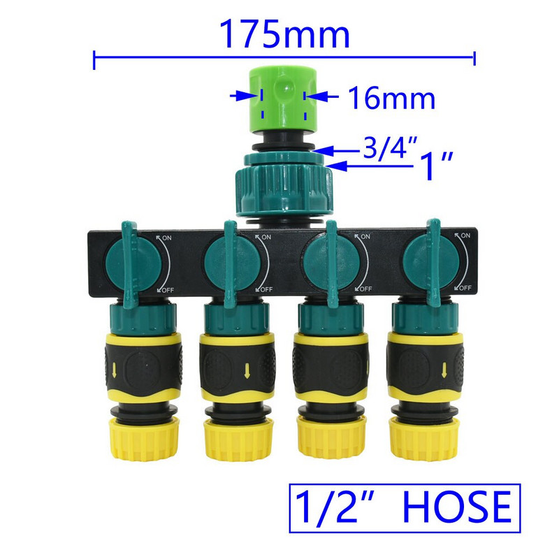 Nő 1/2" 3/4" 1" - 1/2 3/4 tömlő 4 utas kerti csaptelep vízelosztó 16mm 20mm sönt négy kimenetű öntözőszelep