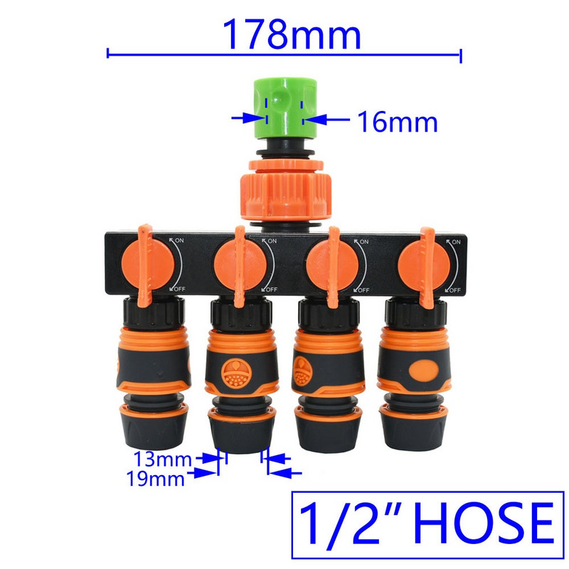 Nő 1/2" 3/4" 1" - 1/2 3/4 tömlő 4 utas kerti csaptelep vízelosztó 16mm 20mm sönt négy kimenetű öntözőszelep