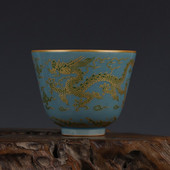 Chenghua Breen Color Golden Dragon Pattern Tea Cup Kis csésze Antik Gyűjtemény Dekoráció