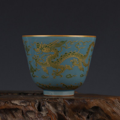 Chenghua Breen Color Golden Dragon Pattern Tea Cup Kis csésze Antik Gyűjtemény Dekoráció