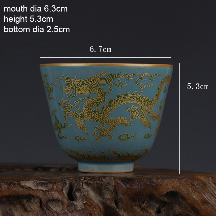 Chenghua Breen Color Golden Dragon Pattern Tea Cup Kis csésze Antik Gyűjtemény Dekoráció
